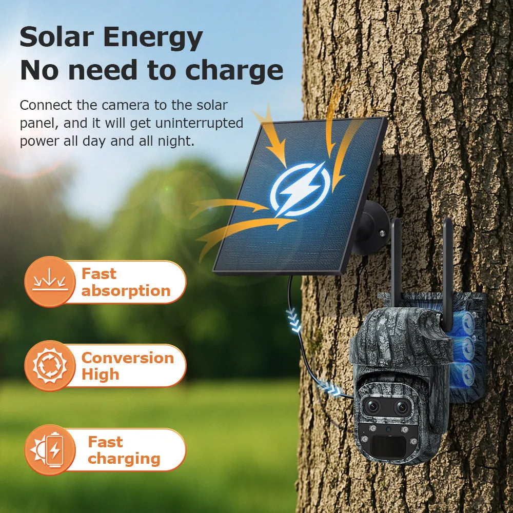 4G solar camouflage camera with 6MP HD night vision and IP66 waterproof housing mounted outdoors