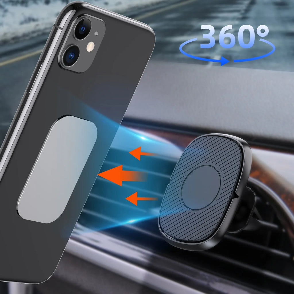 Magnetic car navigation phone holder with zinc alloy body and silicone pad, showing a smartphone attached