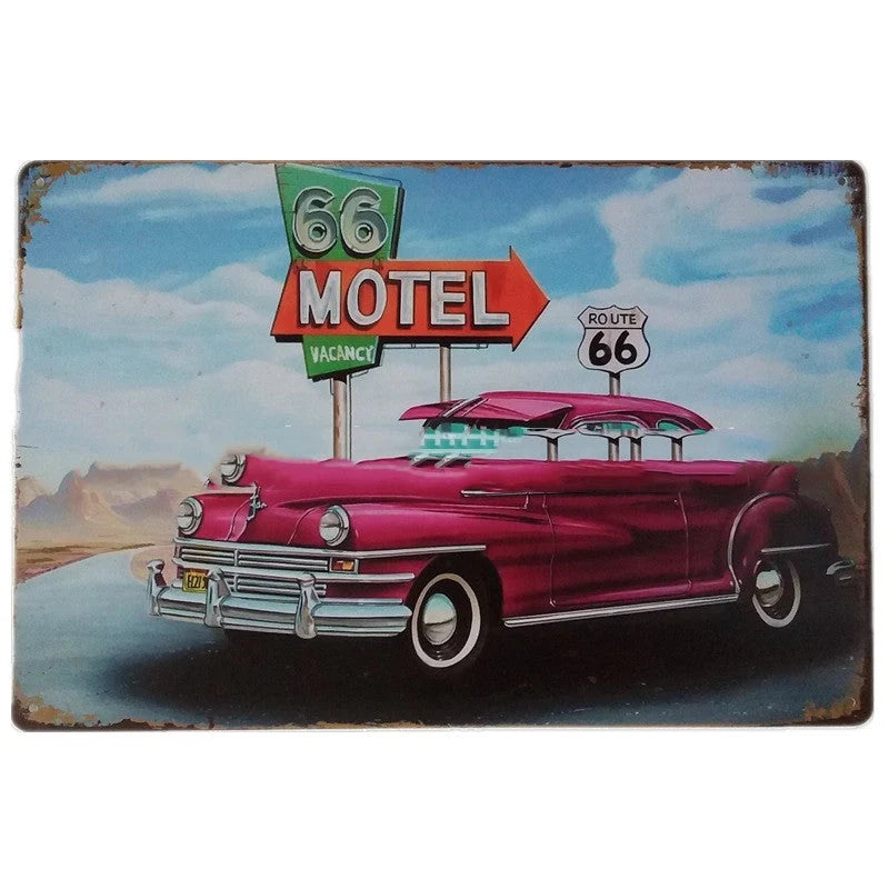 Retro tin painting metal crafts with car and motorcycle patterns in vibrant colours