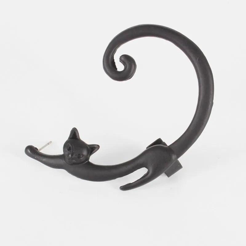 Punk cat post earring with ear cuff in black, close-up on alloy electroplated stud