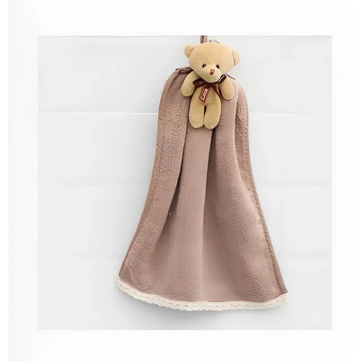 Beige coral velvet dish towel with embroidery, 30cm x 60cm, hanging loop for absorbent drying in kitchen or bathroom