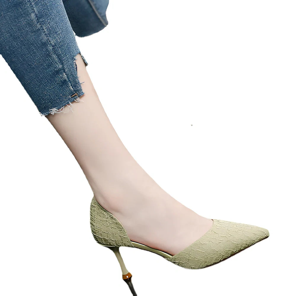 Women's black stiletto heel shoes with 6-8cm height, PU upper, rubber sole, size 36 fitting 230mm foot