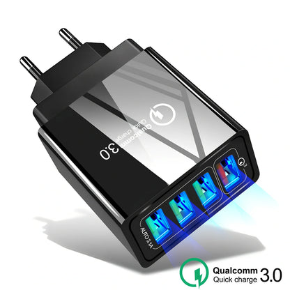 Black 4-port USB QC3.0 fast charger with 3100mA output for mobile phones and devices