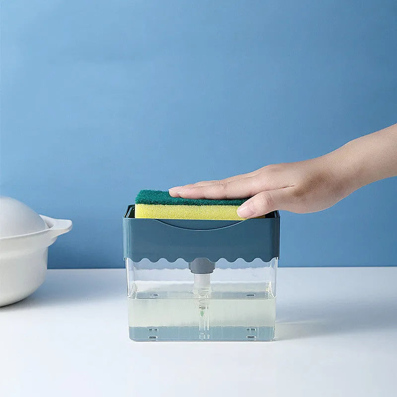 Two-in-one kitchen soap dispenser with sponge in white, blue, and grey colours