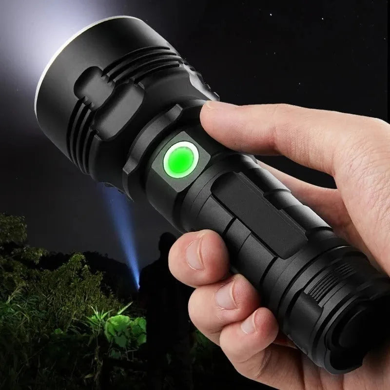 Rechargeable super bright LED flashlight with focusing beam and aluminum alloy body