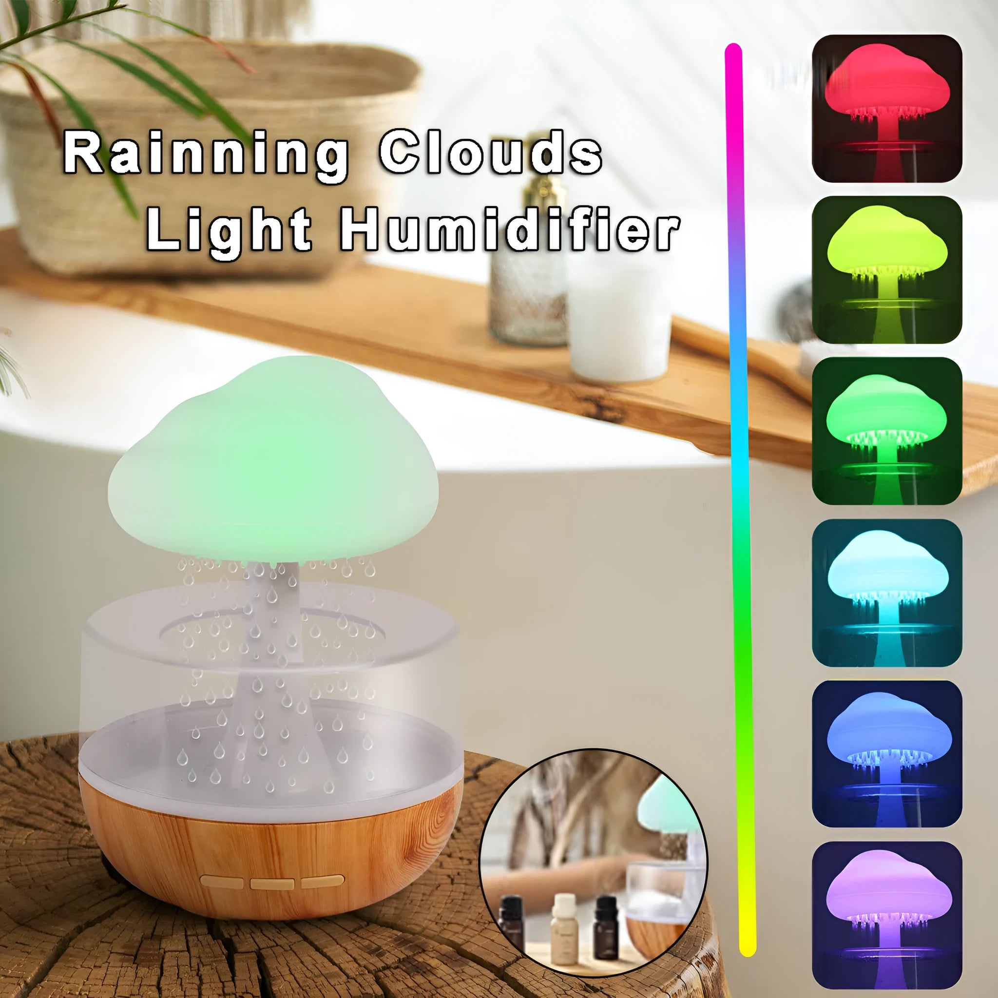 White cylindrical aromatherapy humidifier with coloured night light and USB cable