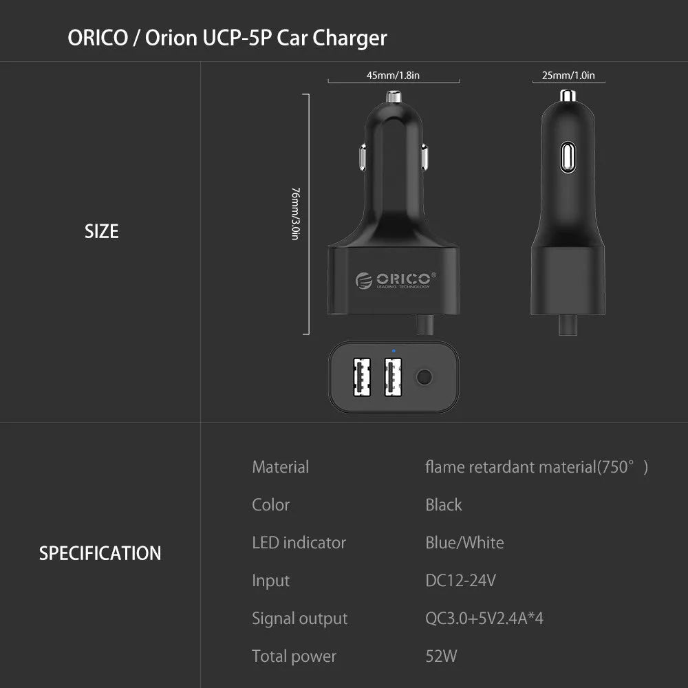 ORICO 5-port QC3.0 car charger with expander, black, 52W output, 1.8m cable