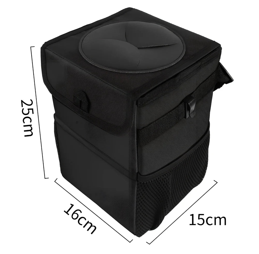 Black oxford cloth hanging car trash can with adjustable strap, waterproof lining, and mesh pockets, dimensions 16.5cm x 15cm x 25cm