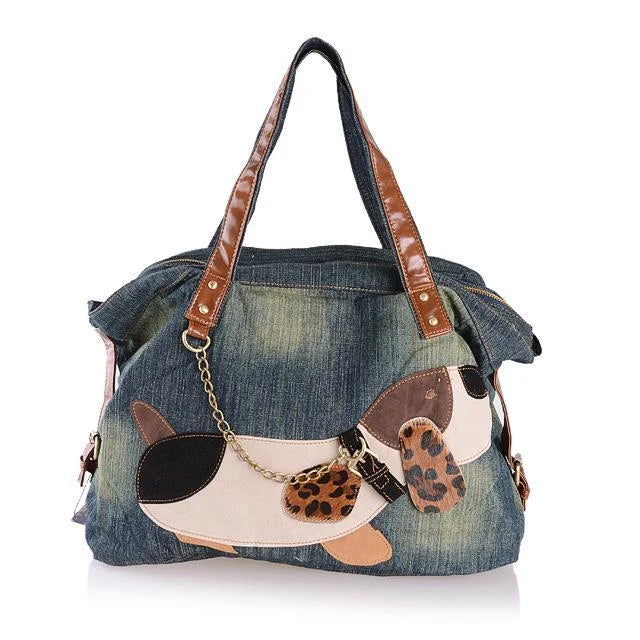 Casual denim women's handbag with multiple compartments and zipper opening