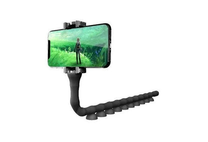 Flexible phone holder with suction cup for desktops and bicycles in black, pink, and clear green