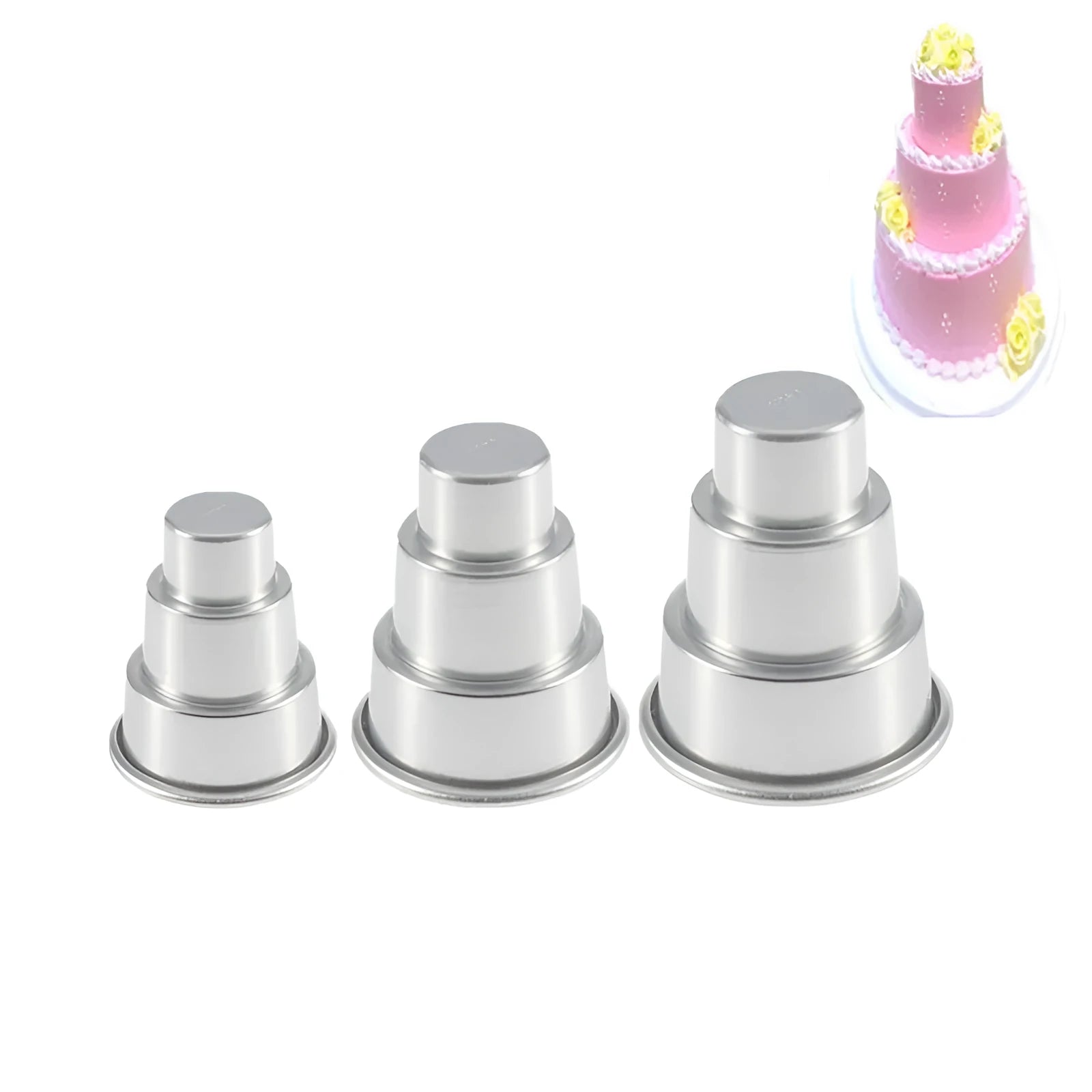 Silver aluminium alloy three-layer cake mould set showing large, medium and small graduated sizes