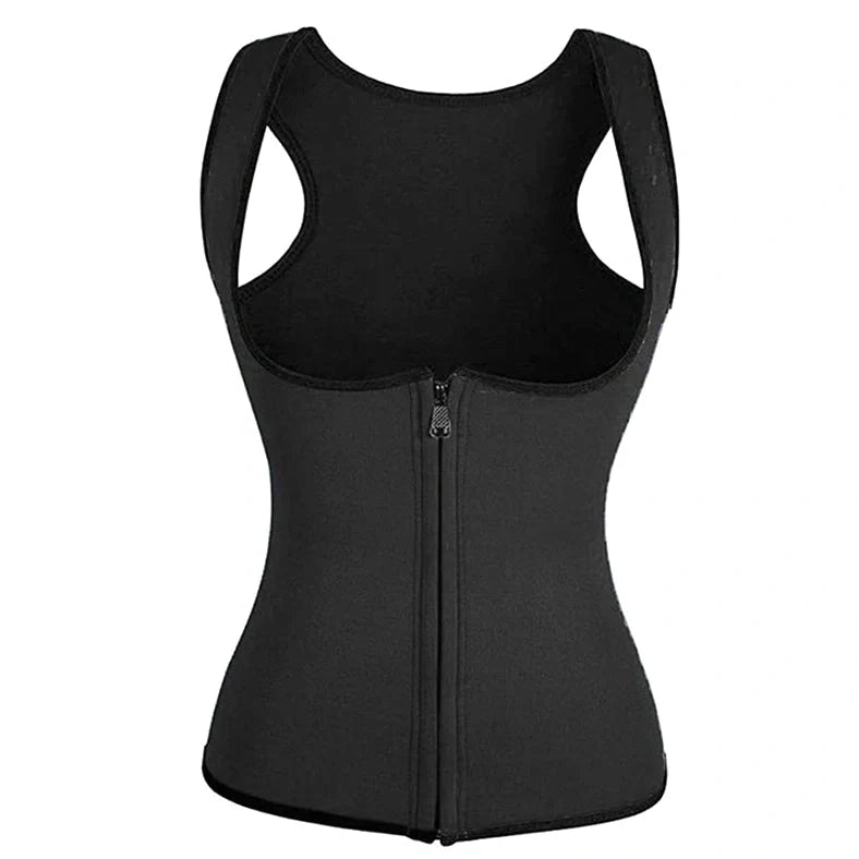 Ladies neoprene court corset with zipper closure in blue colour showing U-neck and waist-length design