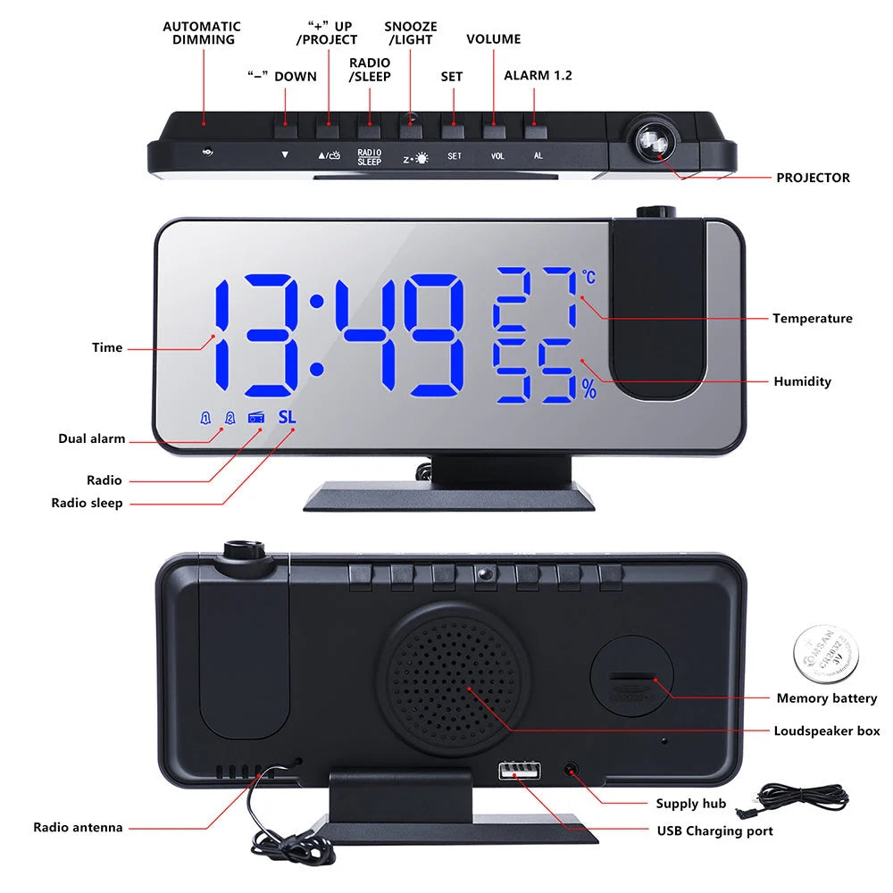 Multifunctional radio projection alarm clock with LED display and USB port