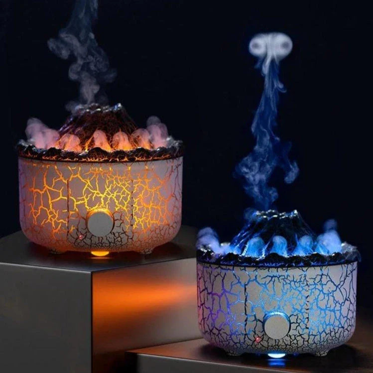 Volcano-inspired essential oil diffuser with realistic mist and LED flame-like light effects, providing a calming and mesmerizing ambiance for your home