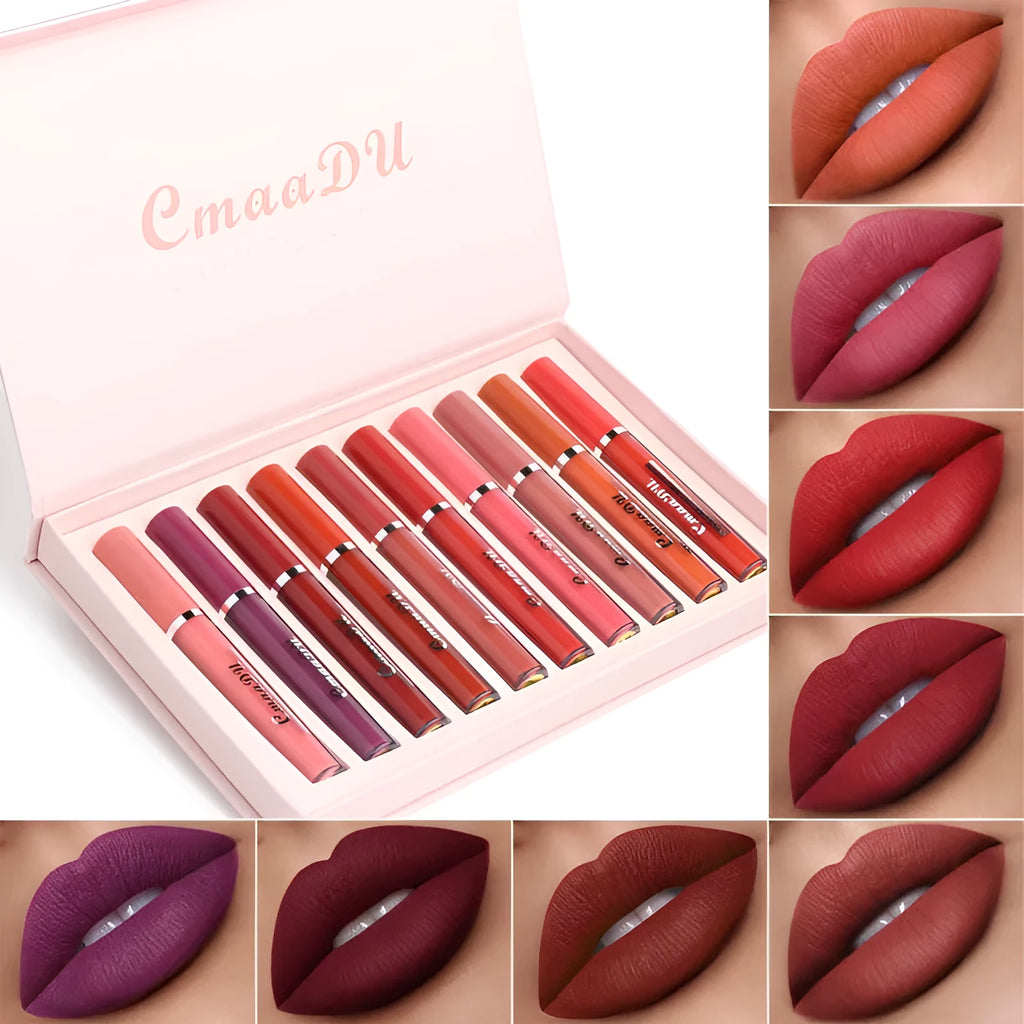 Women's non-stick waterproof matte lipstick 10 sticks Photo Color shade 3g each compact packaging