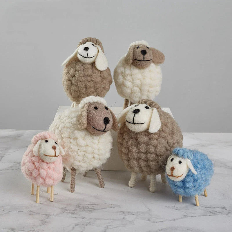Adorable felt sheep miniature figurines in various colours and sizes for home decoration