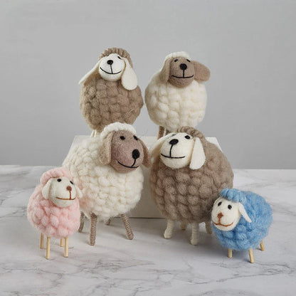 Adorable felt sheep miniature figurines in various colours and sizes for home decoration