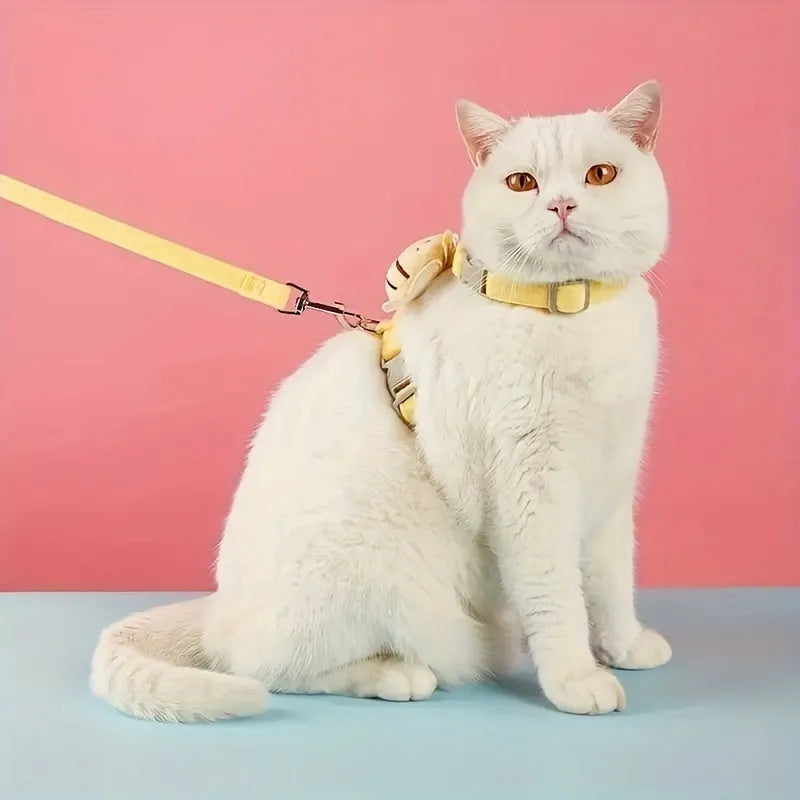 Yellow plaid bee cat harness leash set with adjustable straps on a white background