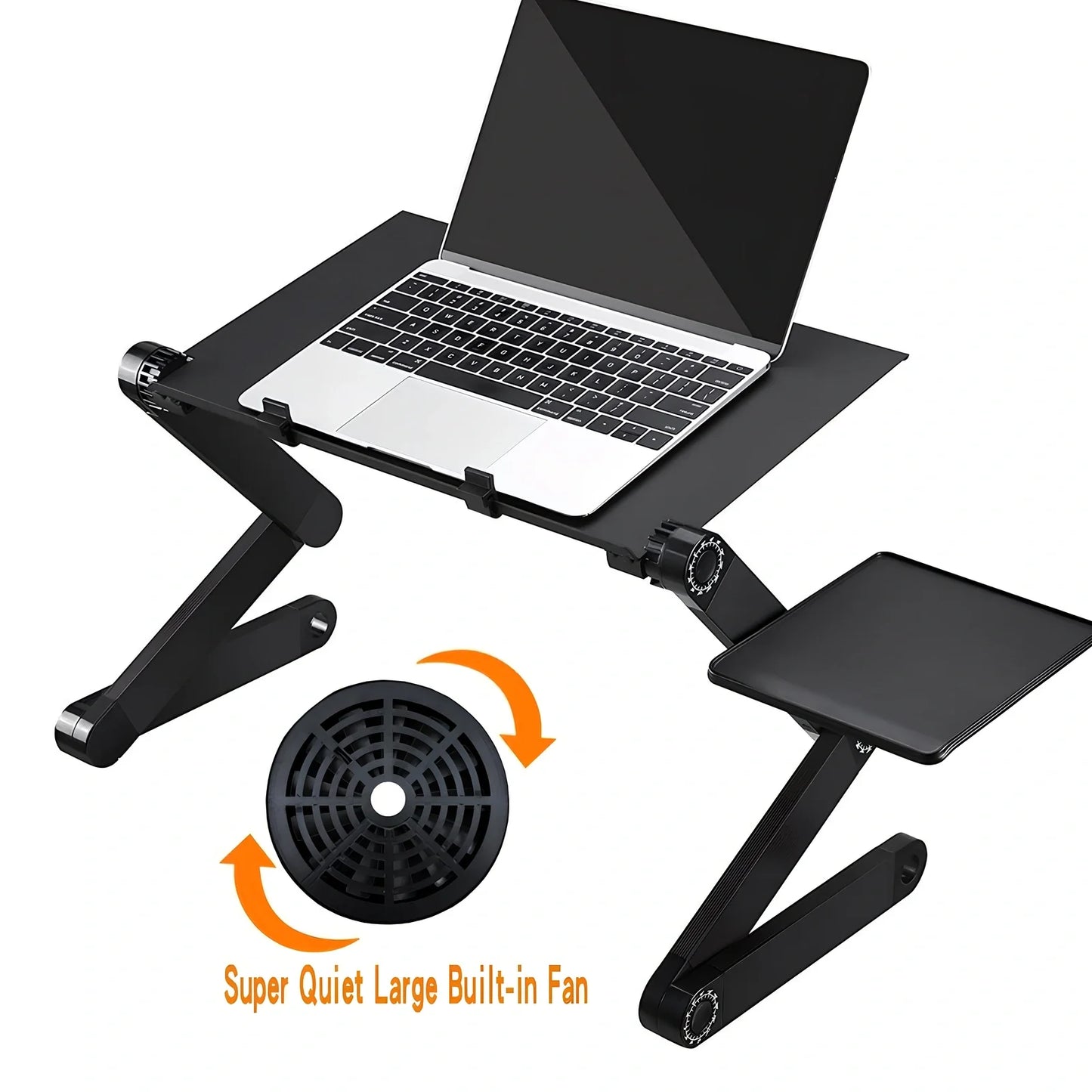 Adjustable aluminium laptop stand with cooling fan in black colour, showing height adjustment mechanism