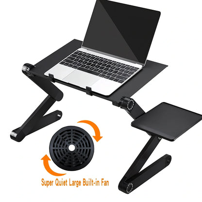 Adjustable aluminium laptop stand with cooling fan in black colour, showing height adjustment mechanism