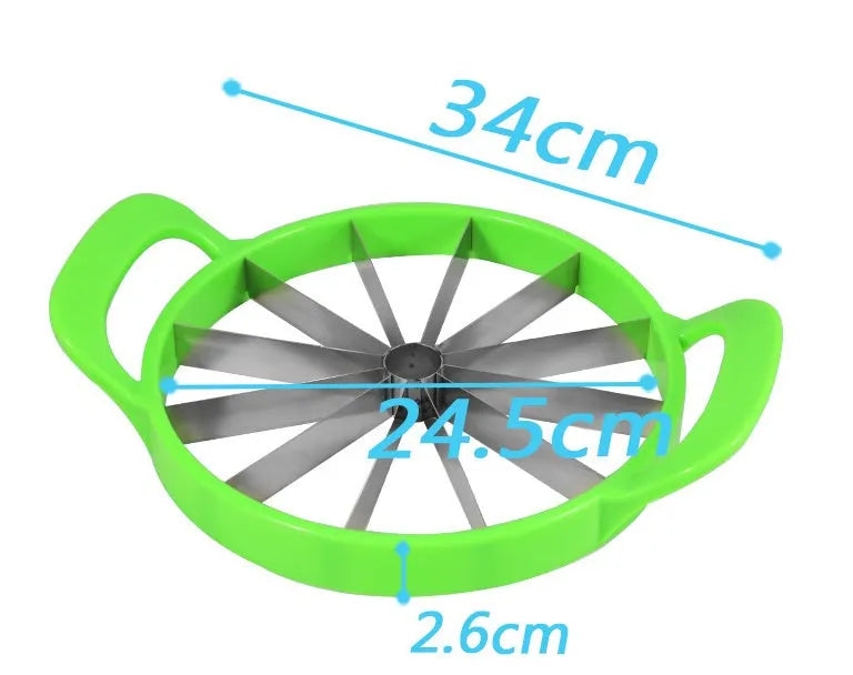 Green-handled watermelon slicer with 410 stainless steel blade on a kitchen counter