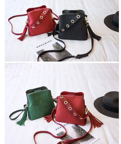 Stylish tassel bucket bag in various colors, featuring a spacious interior, adjustable strap, and premium materials for a Kiwi-inspired Korean look.