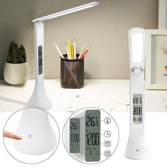 Adjustable LED desk lamp with touch control and built-in alarm clock