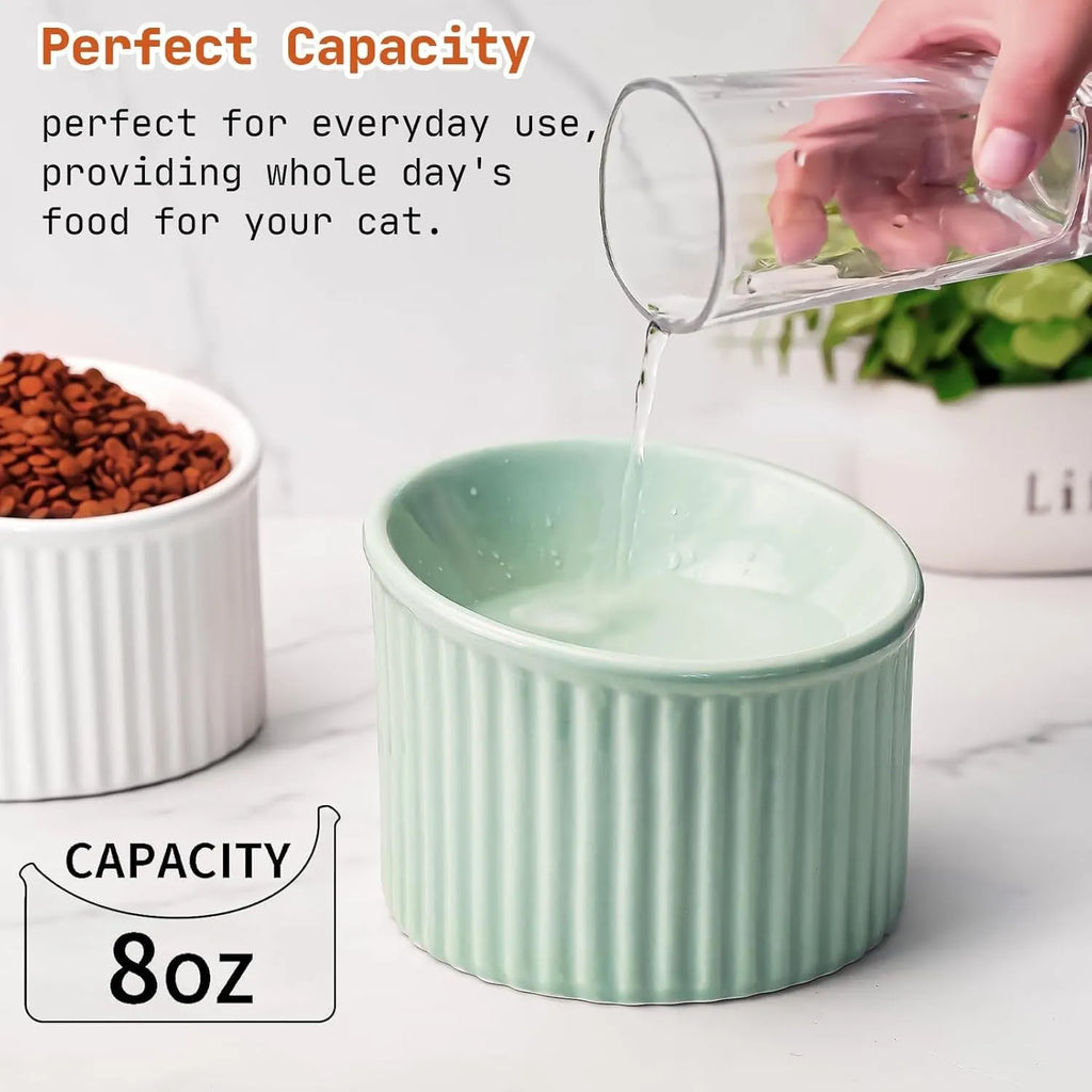 Elevated ceramic cat bowl in dark green, showing its tilted design and round, whisker-friendly shape.