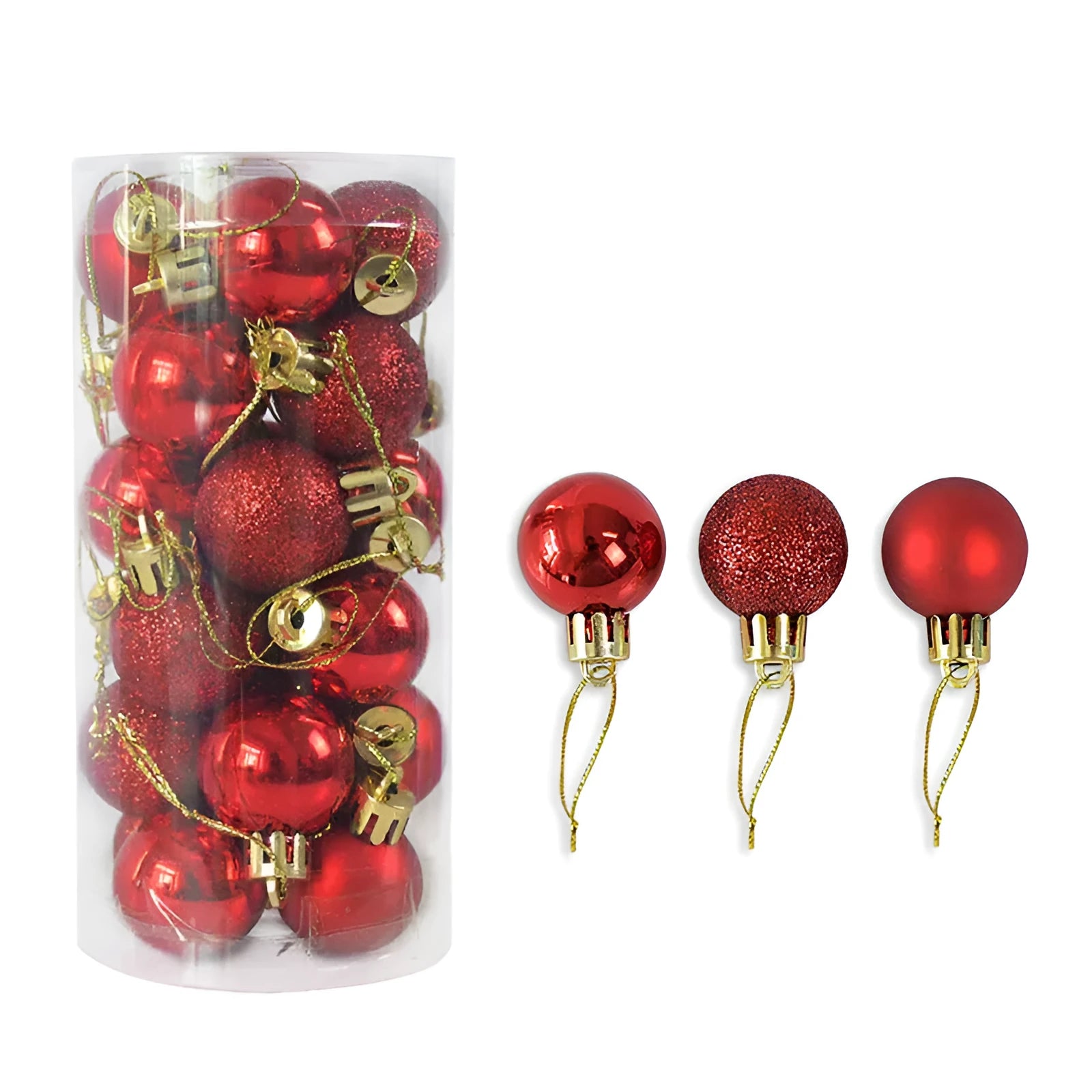 Set of shiny matte finish red and gold plastic Christmas tree baubles, 3cm diameter, on a green branch.