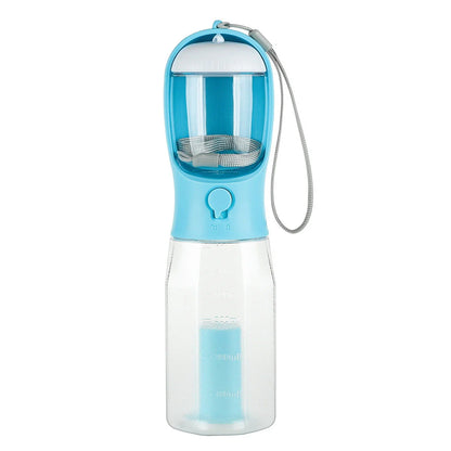 3-in-1 multifunctional pet water bottle with food feeder and waste bag dispenser in various color options