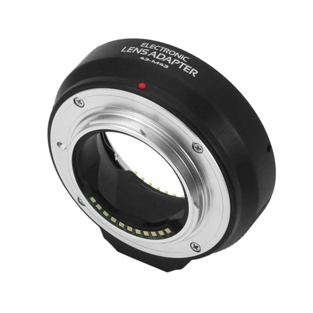 Black electronic adapter ring for Olympus 4/3 lenses to Micro Four Thirds cameras with metal bayonet