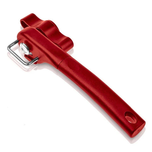 Safety can opener with bottle opener in red and black, compact and easy to use