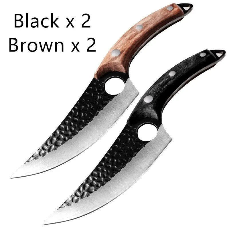 Butcher knife set with small scimitar skinning boning knife and leather sheath