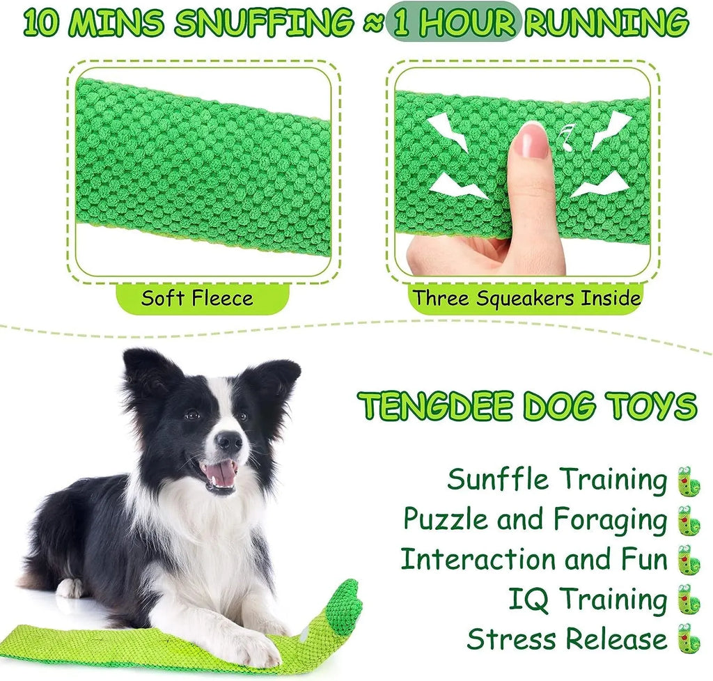 Squeaky dog puzzle toy in snail shape with velvet fabric, showing hidden food holes for foraging games.