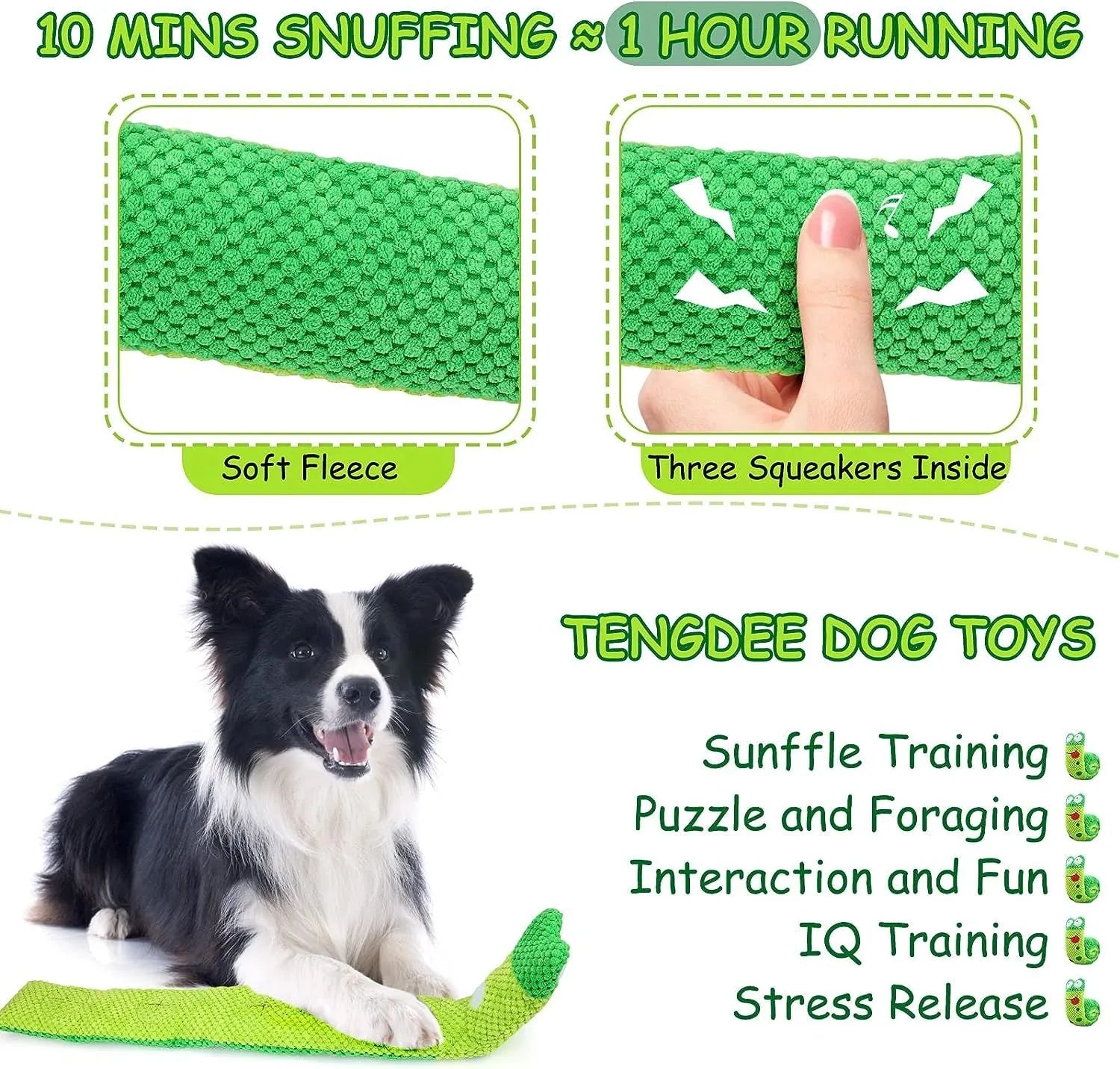 Squeaky dog puzzle toy in snail shape with velvet fabric, showing hidden food holes for foraging games.