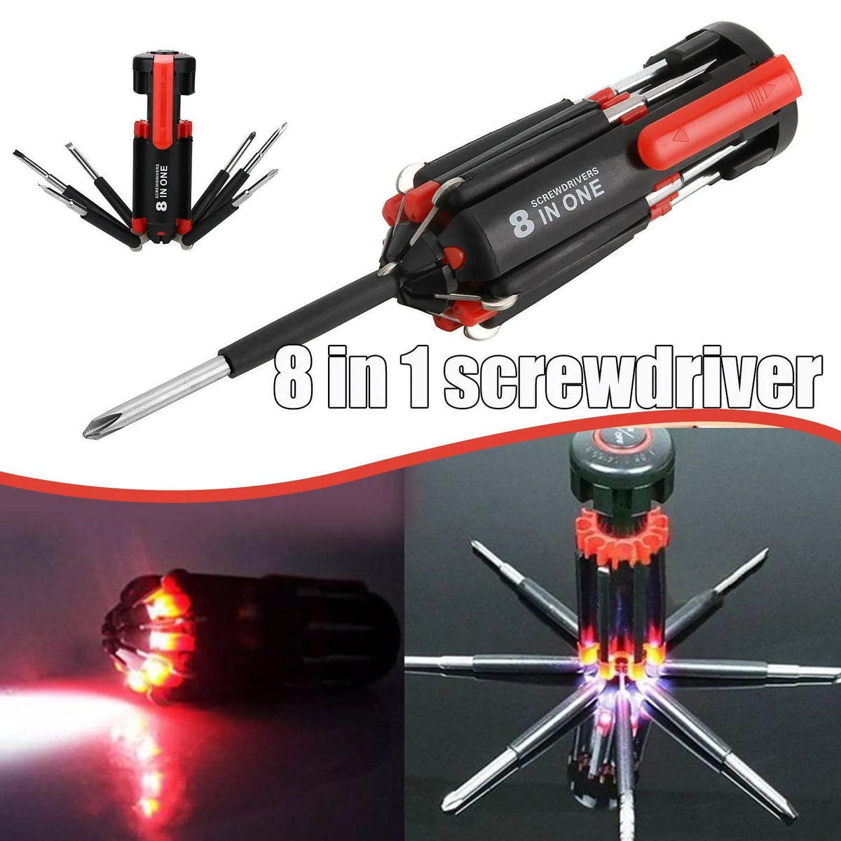 8-in-1 screwdriver with LED flashlight, stainless steel body, magnetic heads, retractable 20cm length