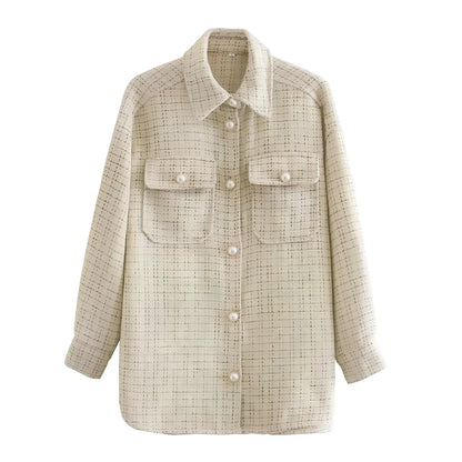 Women's beige plaid thick coat with pearl buttons, long sleeves, lapel collar, and side pockets in size M