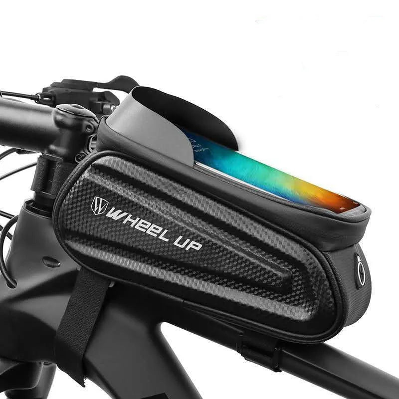 Black grey mountain bike bag with reflective strips and Velcro straps attached to bicycle frame