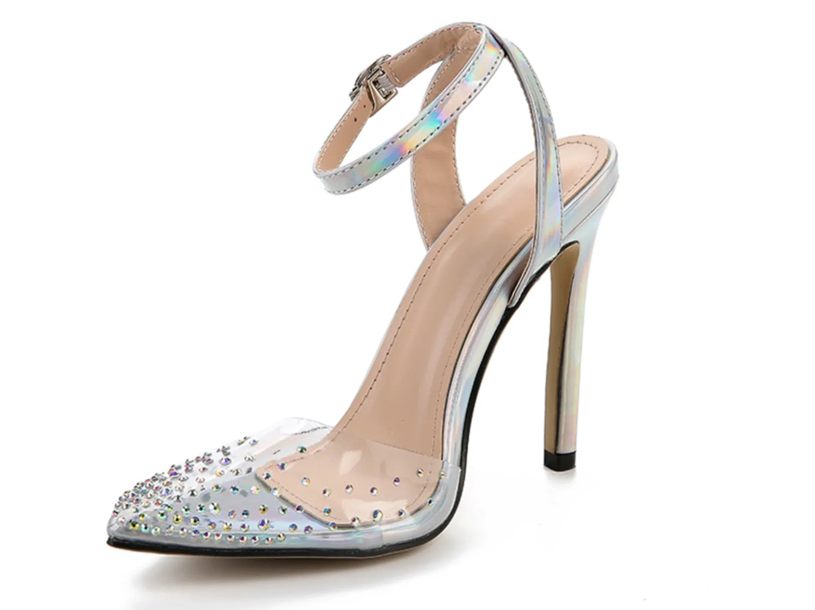 Women's pointed toe diamond embellished sandals with a stiletto heel on a white background.