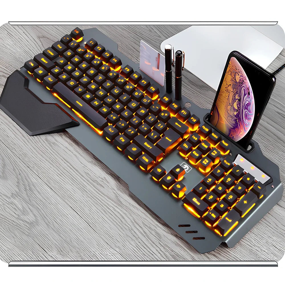 Black wired gaming keyboard with RGB backlight, 45.5 cm size, phone slot, and USB cable on desk