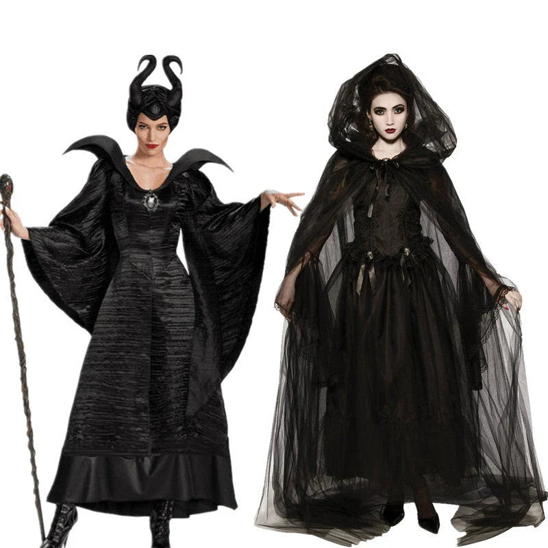 Halloween Maleficent Cosplay Costume Set with dress and cape for females