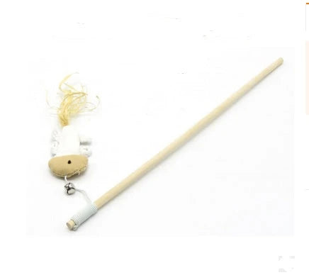 Handmade wooden cat stick toy with hemp feather rope and bell for playful cats