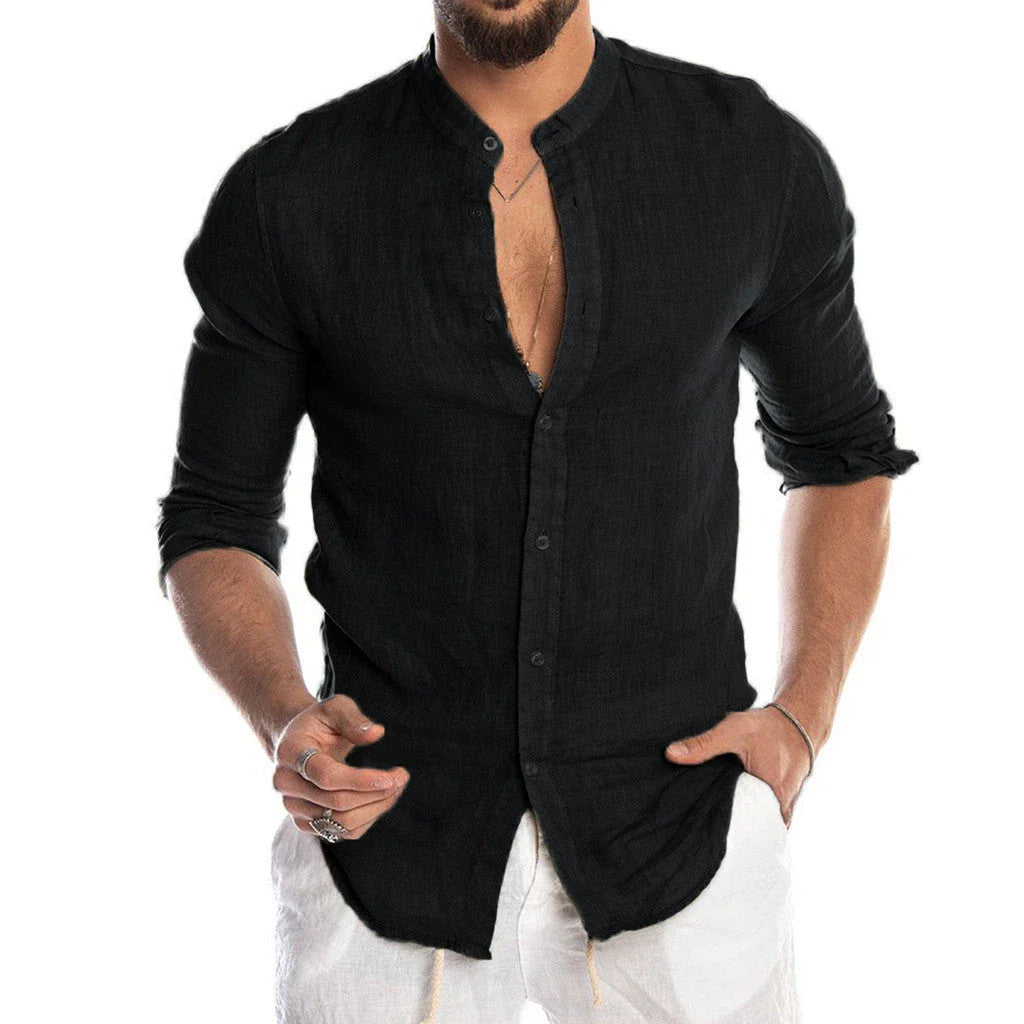 Versatile linen-blend dress shirt for men in a range of classic colors, including white, black, navy, and khaki