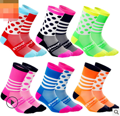 Pair of black powder compression cycling socks in size L, featuring stripe mesh pattern, 40-45cm long tube for breathable four-season support