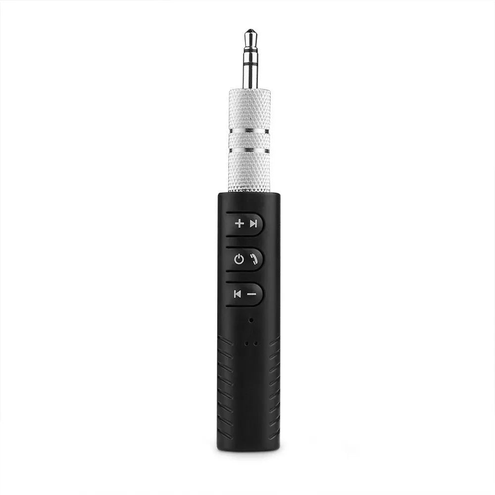 Black Bluetooth car audio receiver with 3.5mm adapter for wireless music streaming in vehicles