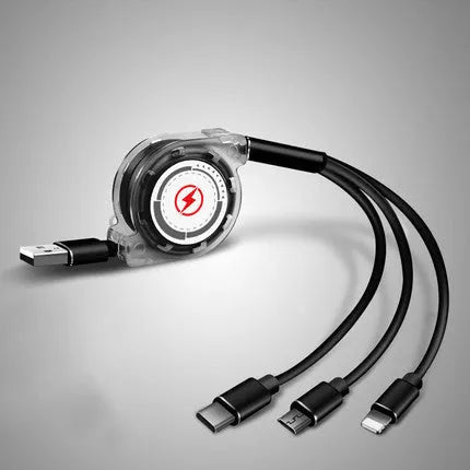 Black telescopic charging cable extended to full length showing three different connector types