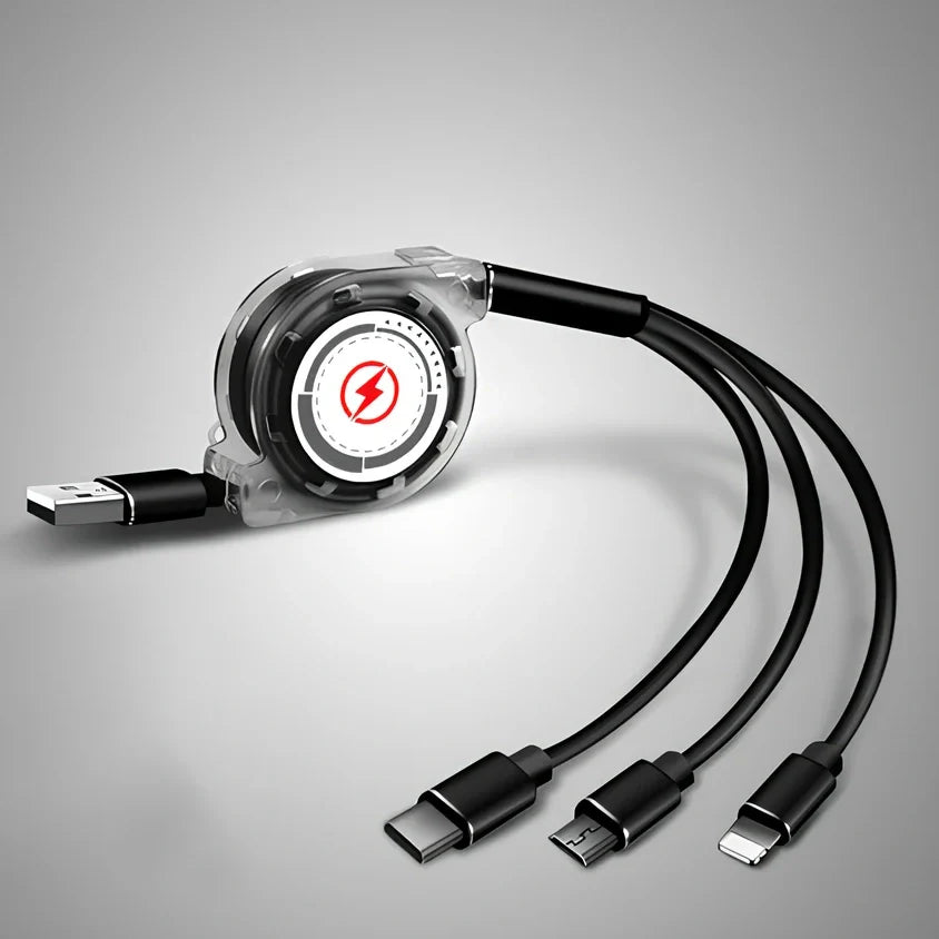 Black 3-in-1 telescopic charging cable extended to 120cm with three titanium alloy connectors for multi-device use