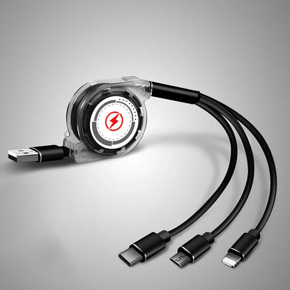 Black 3-in-1 telescopic charging cable extended to 120cm with three titanium alloy connectors for multi-device use