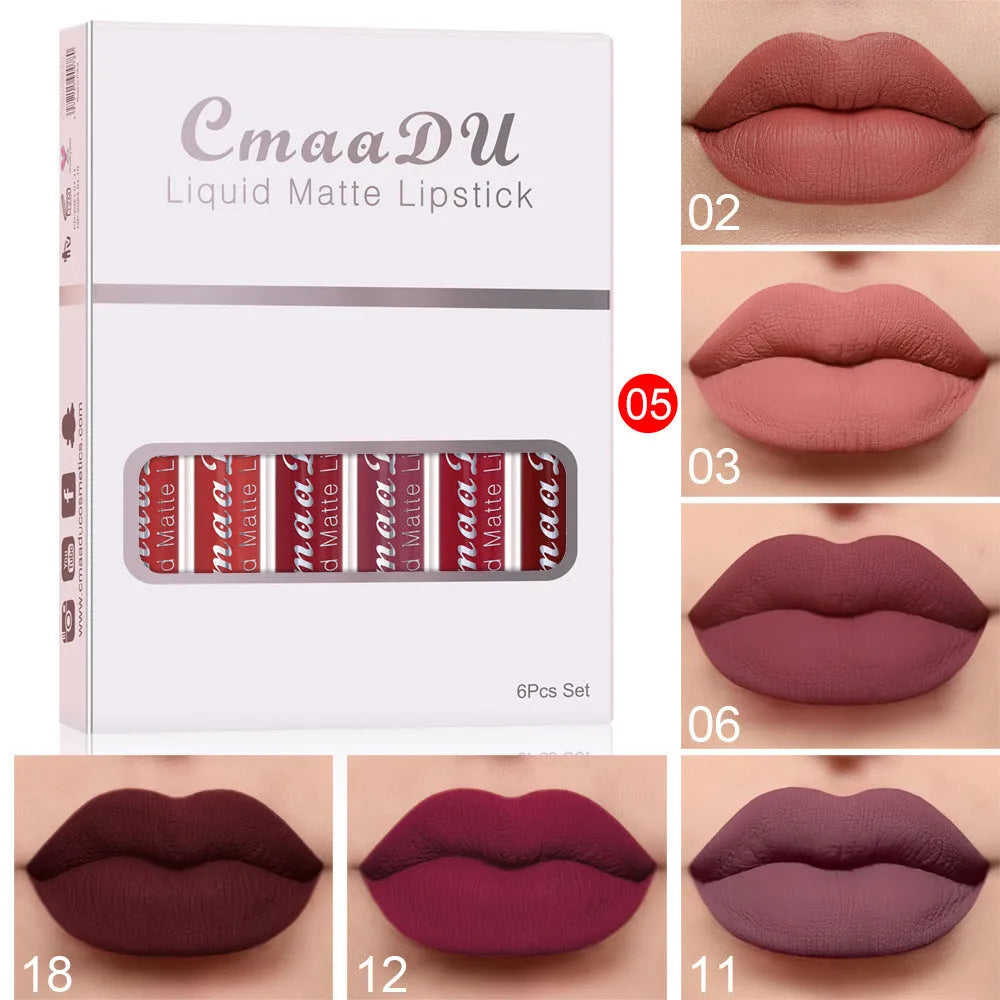 Six boxes of matte waterproof lip gloss with non-stick design in styles A-F
