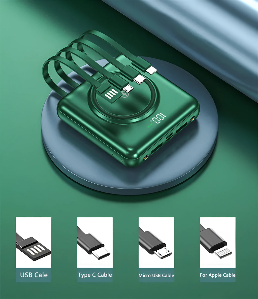 Compact 20000mAh portable power bank with LCD display, shown in black, green, and red colour options.